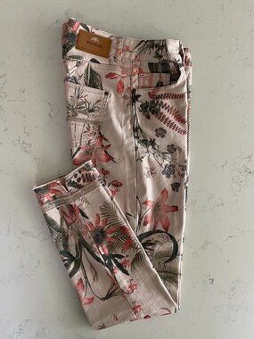MOS MOSH Summer Shine Flower Pant MRK096 5 Pocket Jeans Light Pink + Green Sz 28